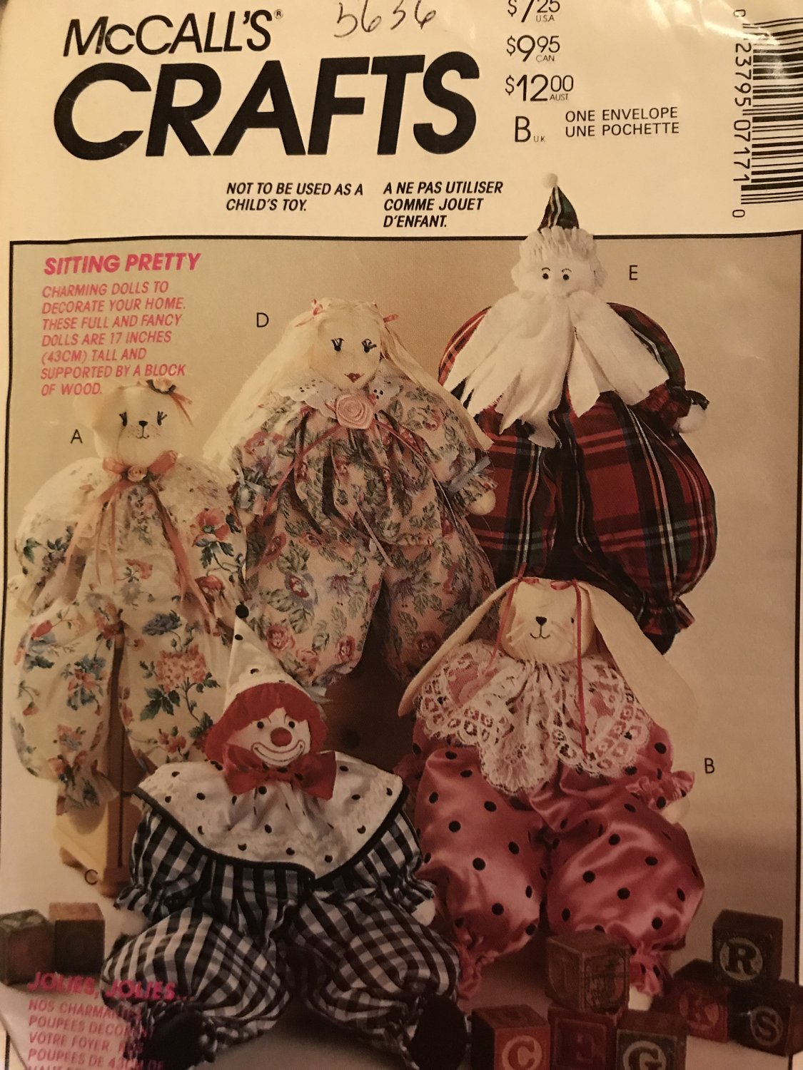 McCall's 5636 717 Block Dolls Package bear, rabbit, clown, girl or Santa doll Sewing Pattern