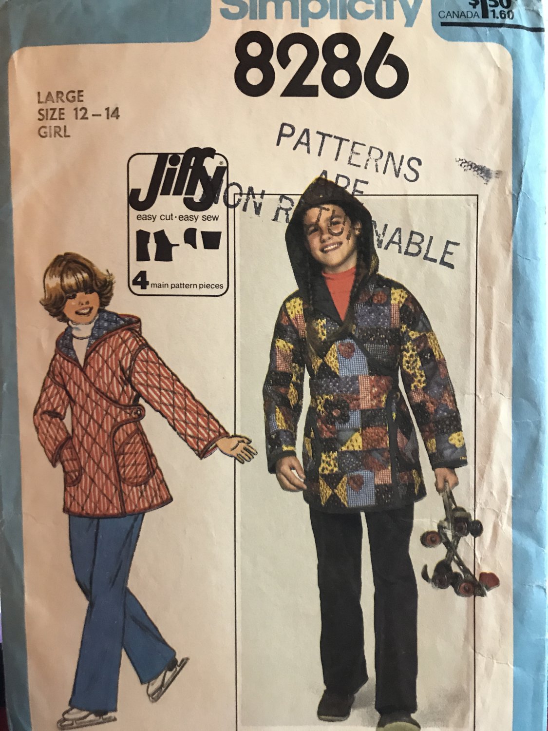 Simplicity 8286 Girls Jacket Sewing Pattern Vintage 1977 pattern Size 12 -14 with Kimono Sleeves