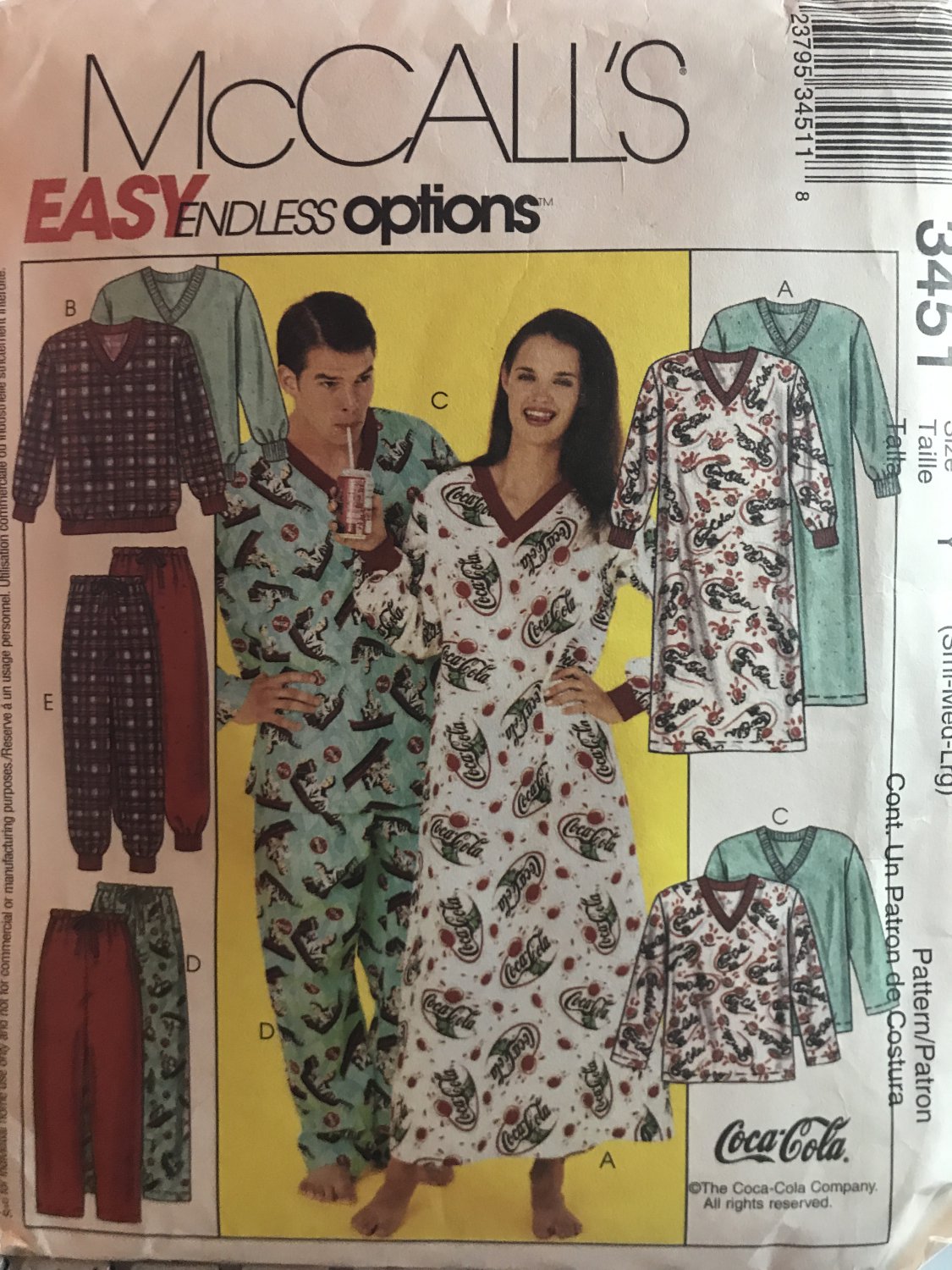 McCall's 3451 Misses & Mens Easy Nightshirt Top Pull-Up-Pants Size Size sm - large Sewing Pattern