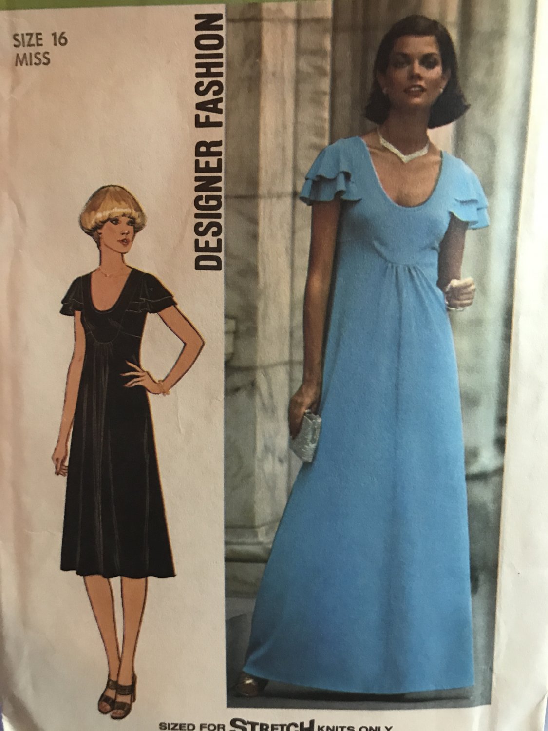 70s Flutter Sleeve Maxi Dress Pattern Simplicity 7836 Scoop Neck Size 16 Sewing Pattern