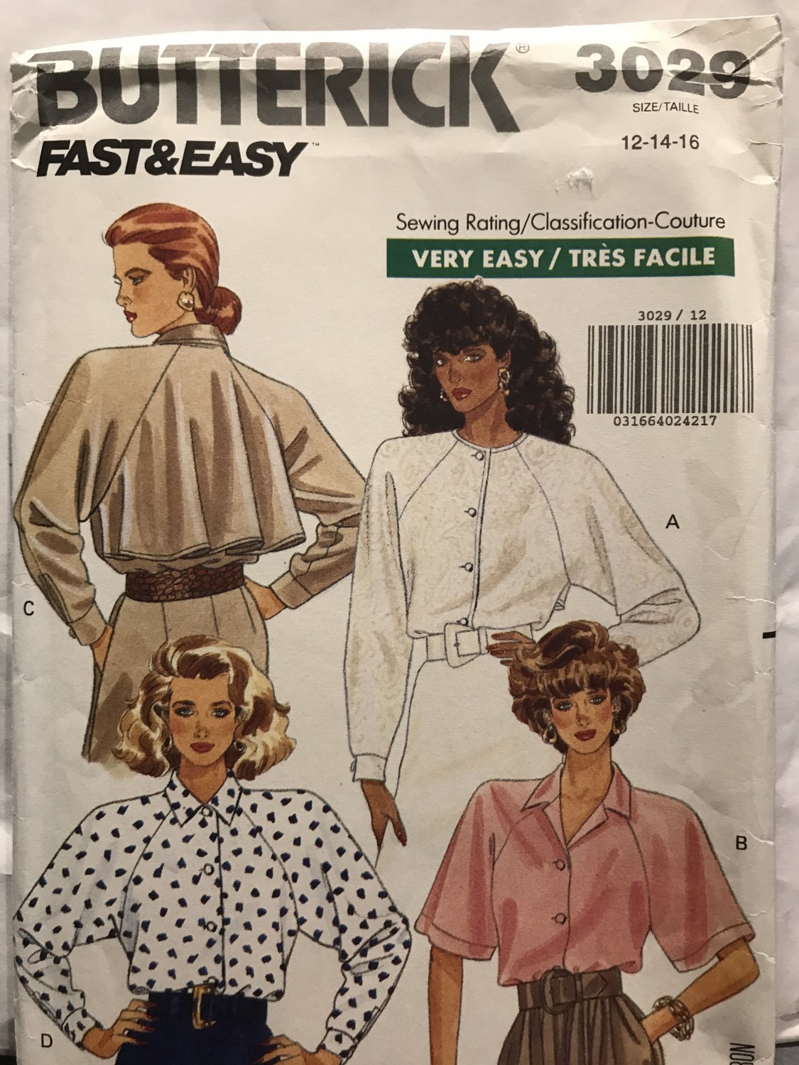 Butterick 3029 Misses' Loose-fitting Raglan Sleeves Shirt Sewing Pattern size 12 14 16