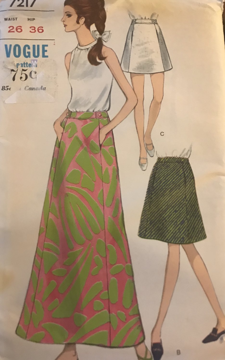Vogue 7217 Maxi Skirt, Mini Skirt and Knee Length Sewing Pattern Size 26" Waist, 36" Hip