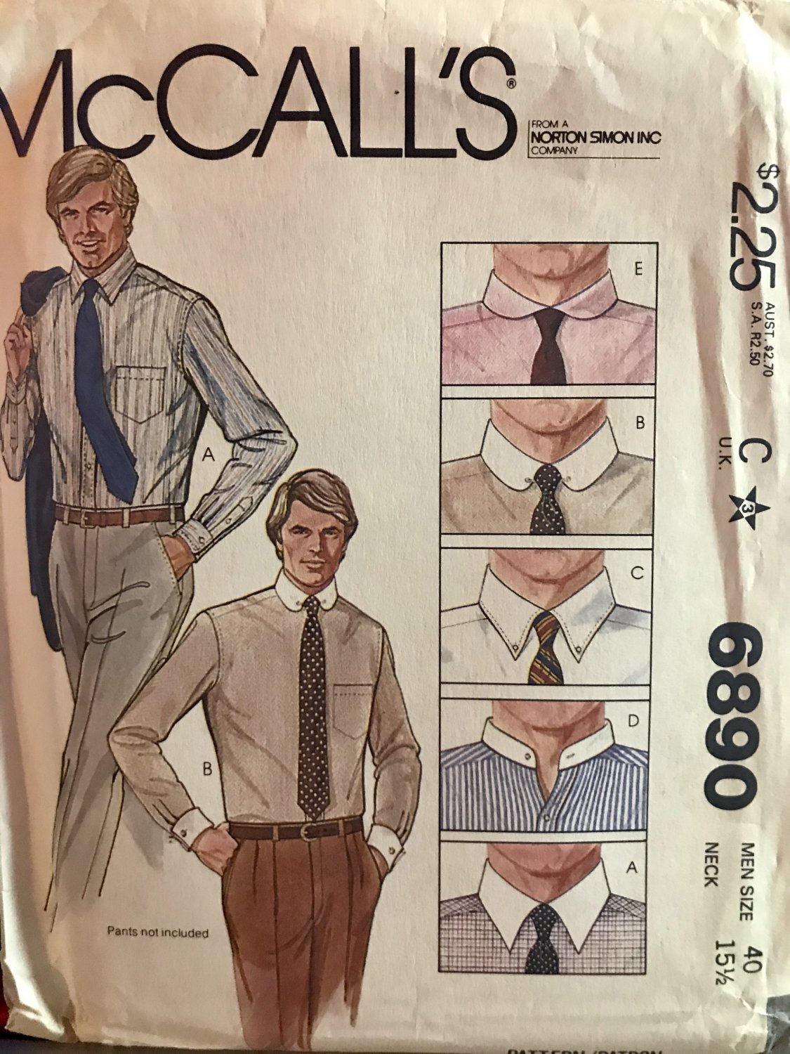 McCall's 6890 Men's Shirt with 5 Collar Variations size 40 sewing pattern