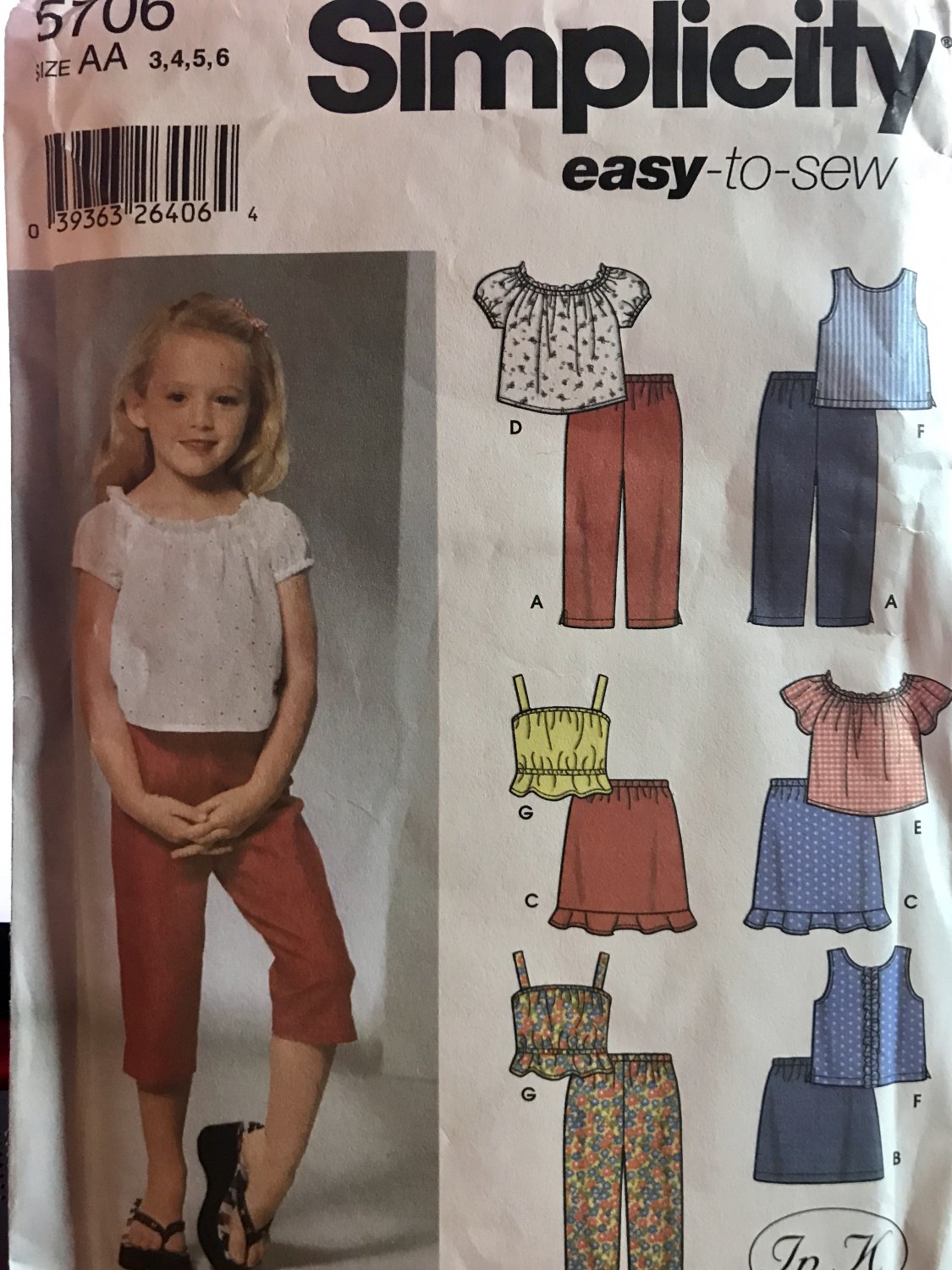 Simplicity 5706 Child's Capri pants, skirt in two lengths and tops Sewing Pattern Size 3 4 5 6