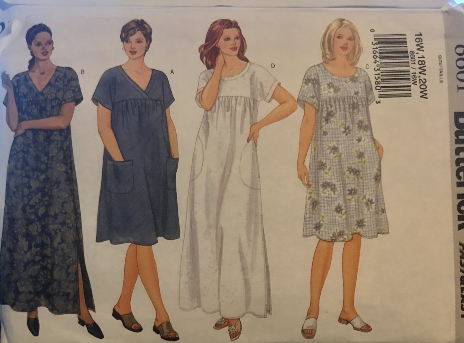 Butterick 6601 Plus Size Misses' Loose-fitting Muu Muu Pullover Dress Sewing Pattern Size 16 18 20