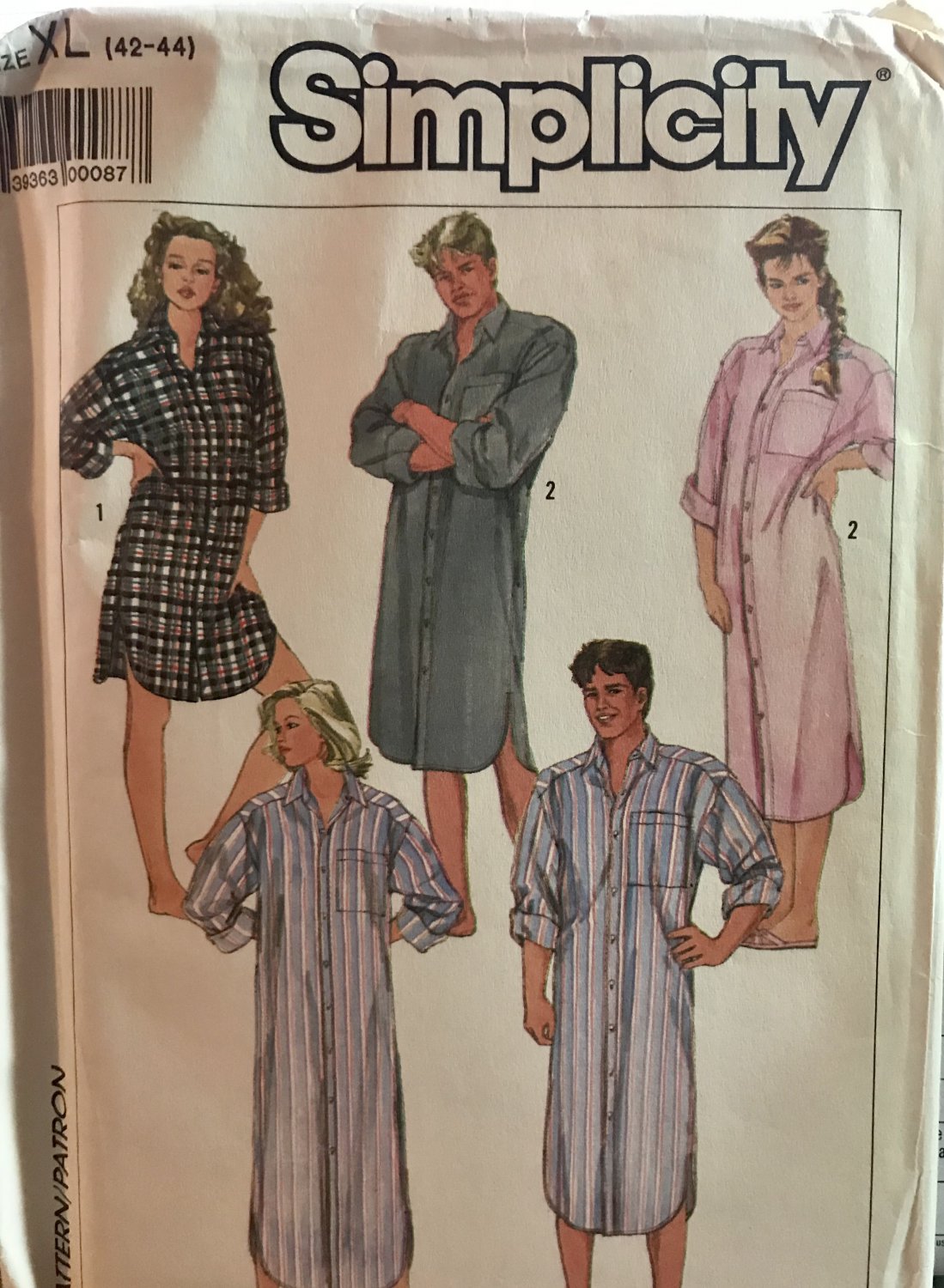 Vintage 80's Simplicity 7818 LOOSE NIGHTSHIRT Sewing Pattern Women Men Size XL Chest 42 - 44