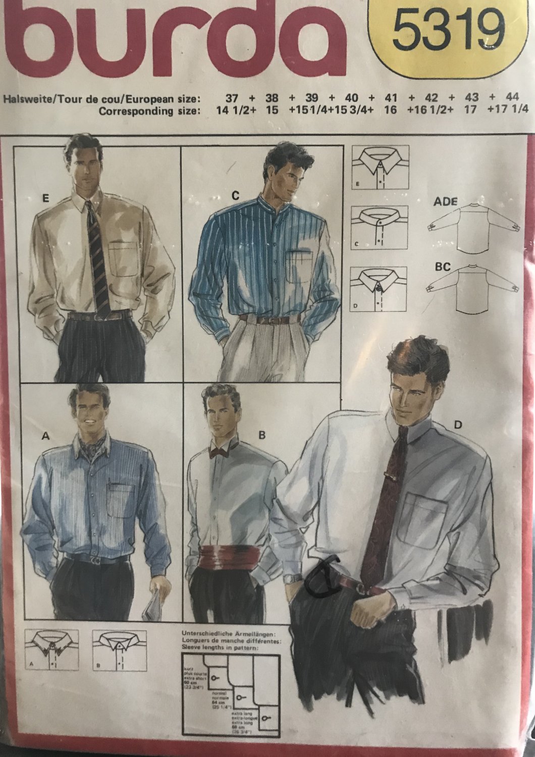 Burda 5319 Mens' Shirt sewing pattern with collar variations sizes 37" to 44"