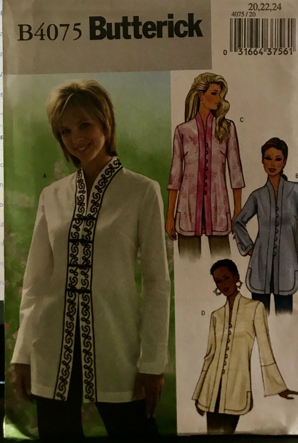 Butterick Sewing Pattern 4075 B4075 Misses Button Front Long Sleeve Tunics Tops Size 20 22 24