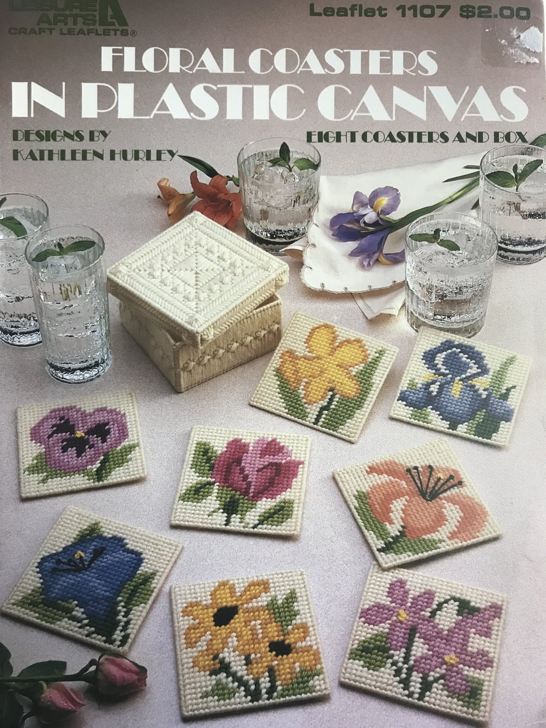 Floral Coasters in Plastic Canvas Leisure Arts 1107 Eight flower designs and box
