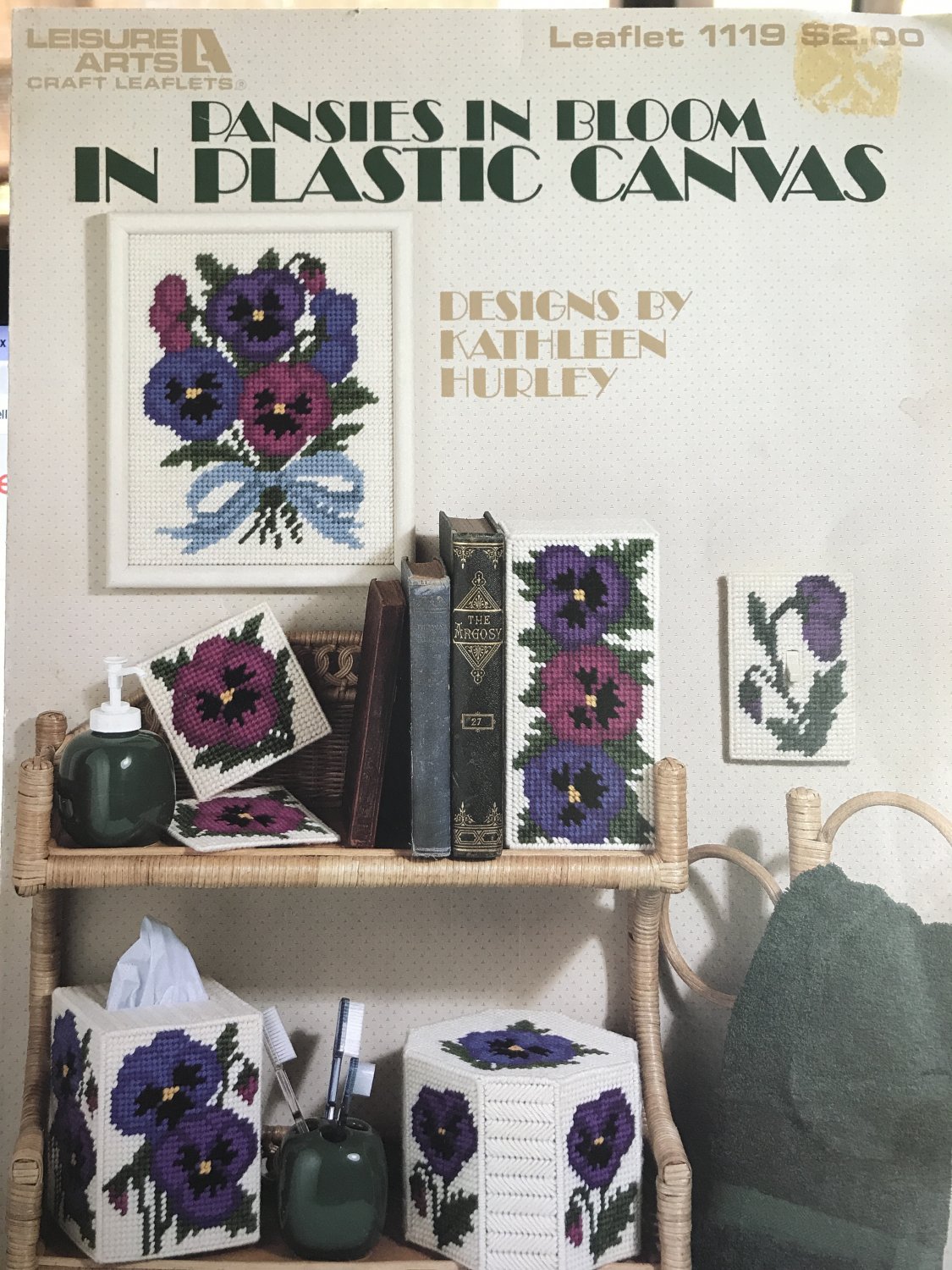 Pansies in Bloom in Plastic Canvas Leisure Arts 1119 tissue cover, coasters, doorstop, switchplate
