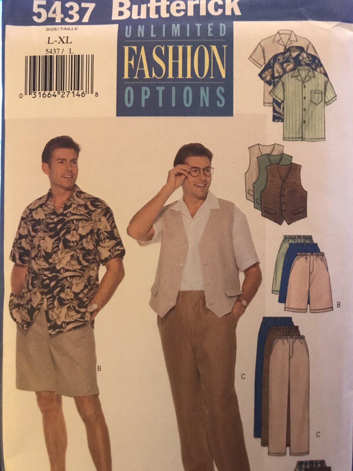 Butterick 5437 Men's Vest Shirt Shorts Pants size L - XL Sewing Pattern