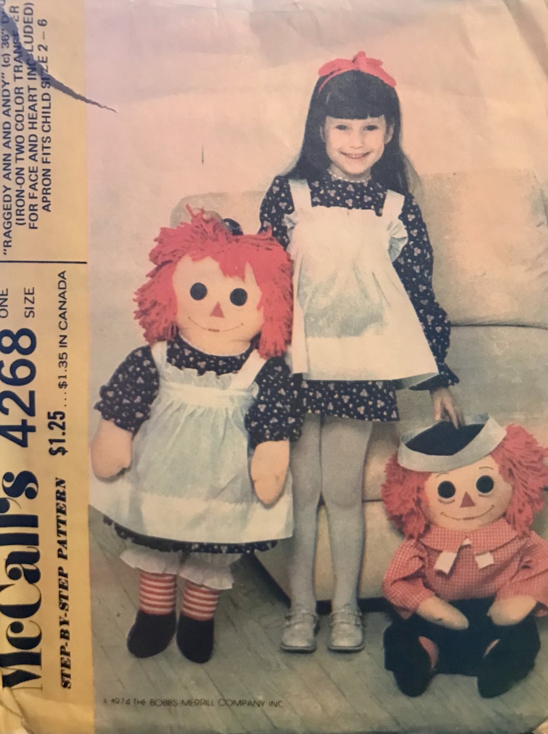 McCalls 4268 8078 628 36" Raggedy Ann Andy Rag Doll Clothes Childs Apron Sewing Pattern Transfer