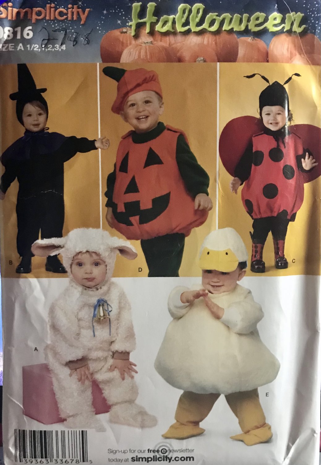 Simplicity 2788 0816 Toddlers Halloween Costume Sewing Pattern Duck Lamb Ladybug Pumpkin 1/2 - 4