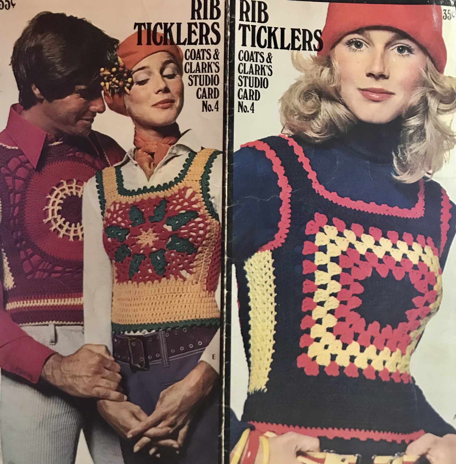 Coats & Clark"s Studio Card No. 4 Rib Ticklers Groovy Retro Vests Crochet Pattern 1970's
