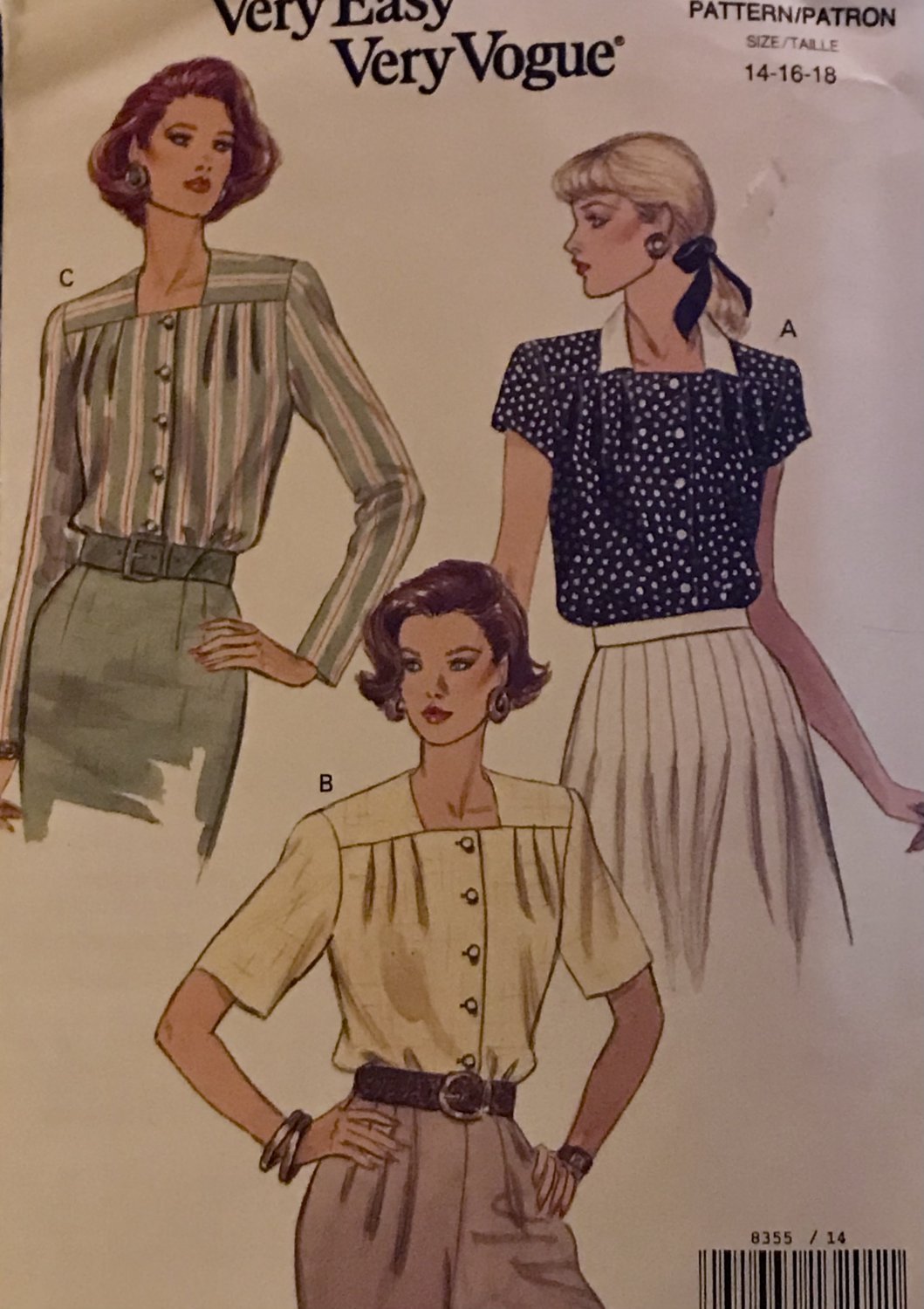 Vogue Sewing Pattern 8355 Misses Blouse long or short sleeves size 14 16 18