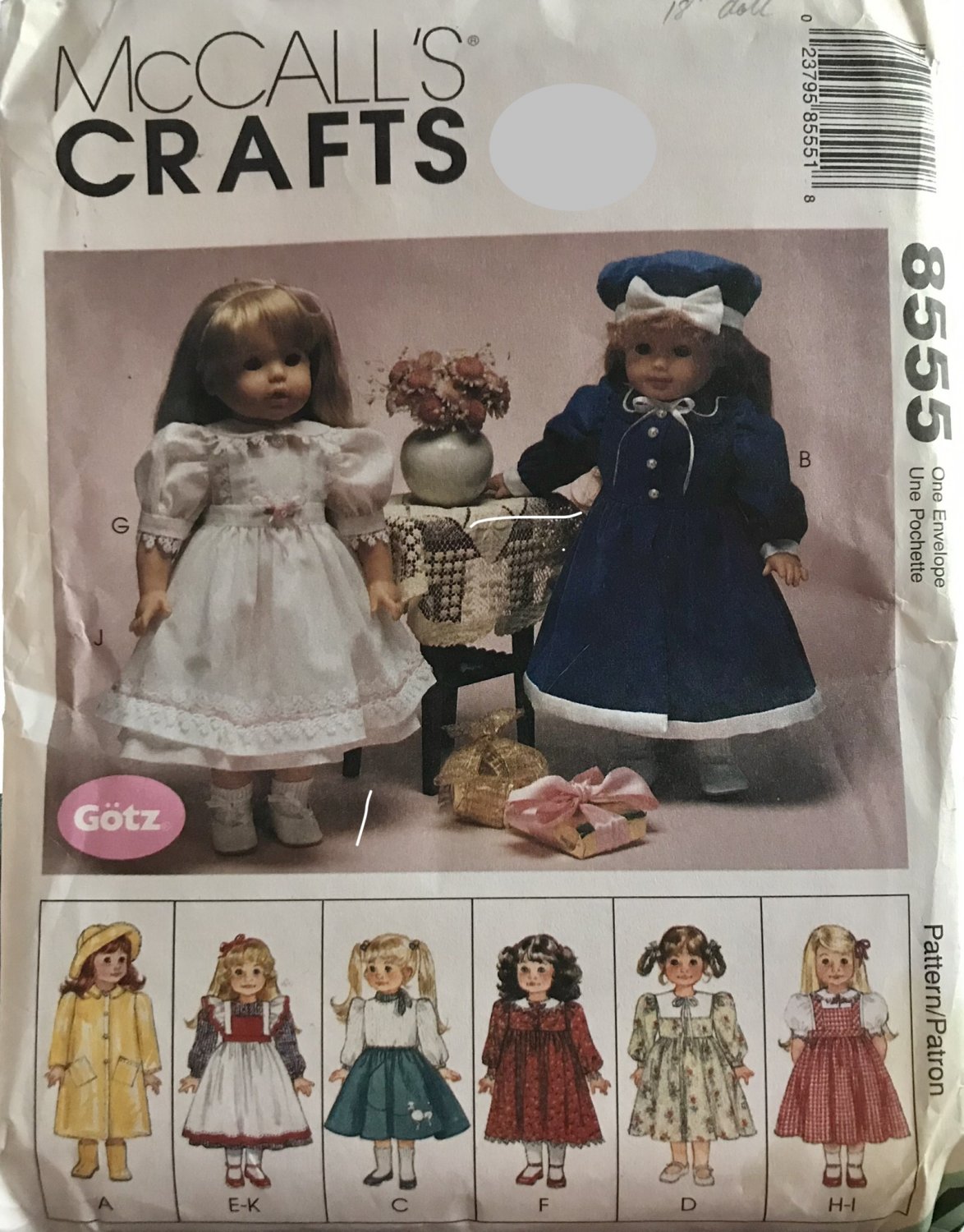McCall's 8555 18" Doll Clothes Raincoat, dresses, skirt sweater