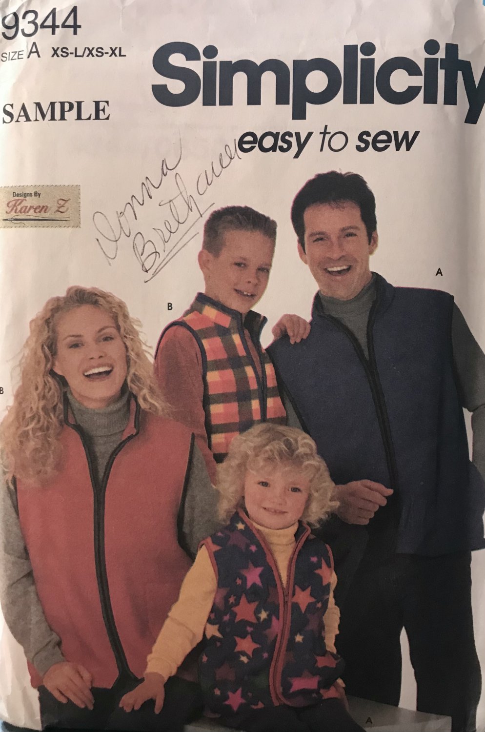 Simplicity 9344 Unisex child's Teens and Adult Fleece Vest sewing pattern All Sizes