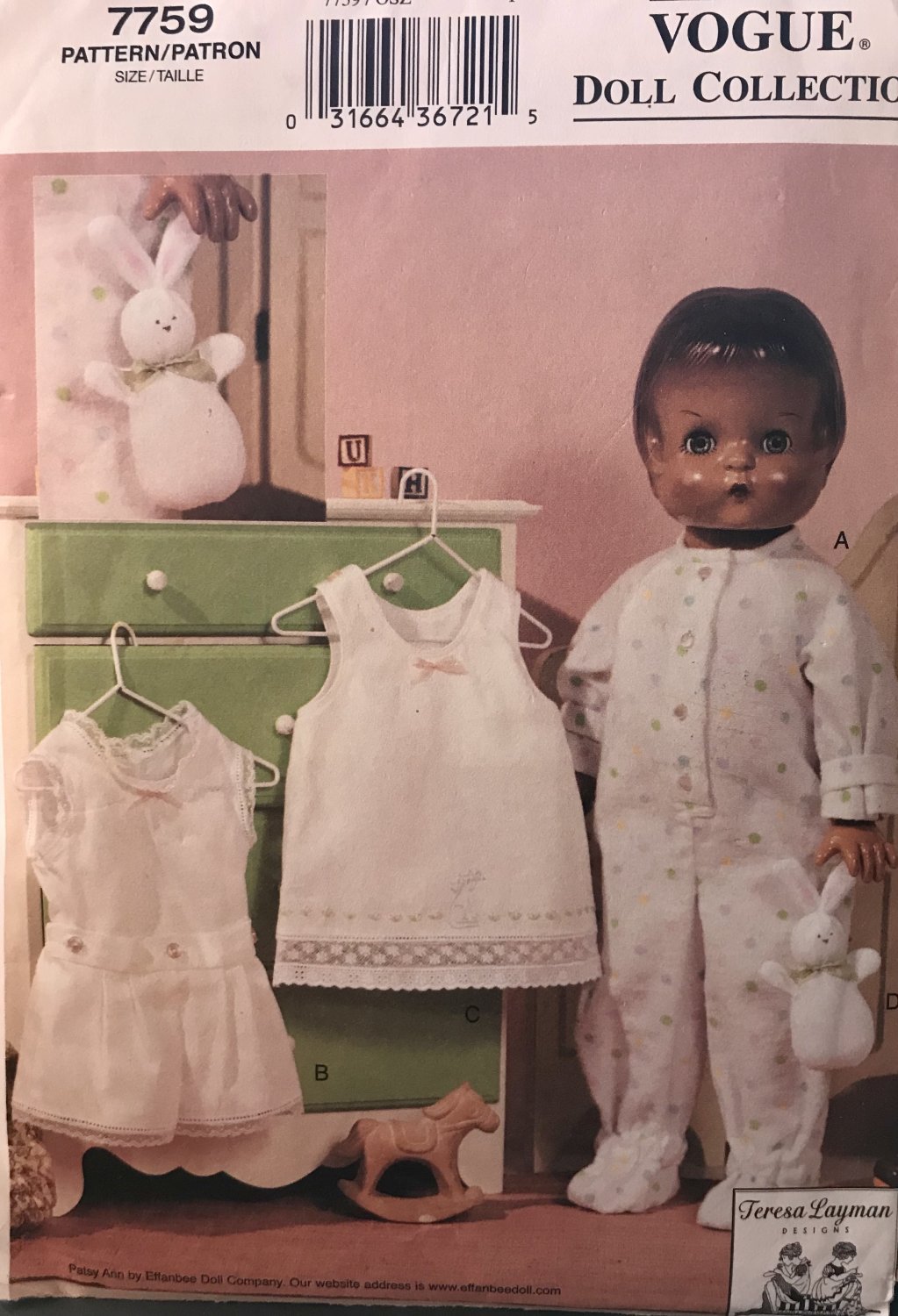 Vogue 7759 inch doll's Pajamas and Undergarments Sewing Pattern