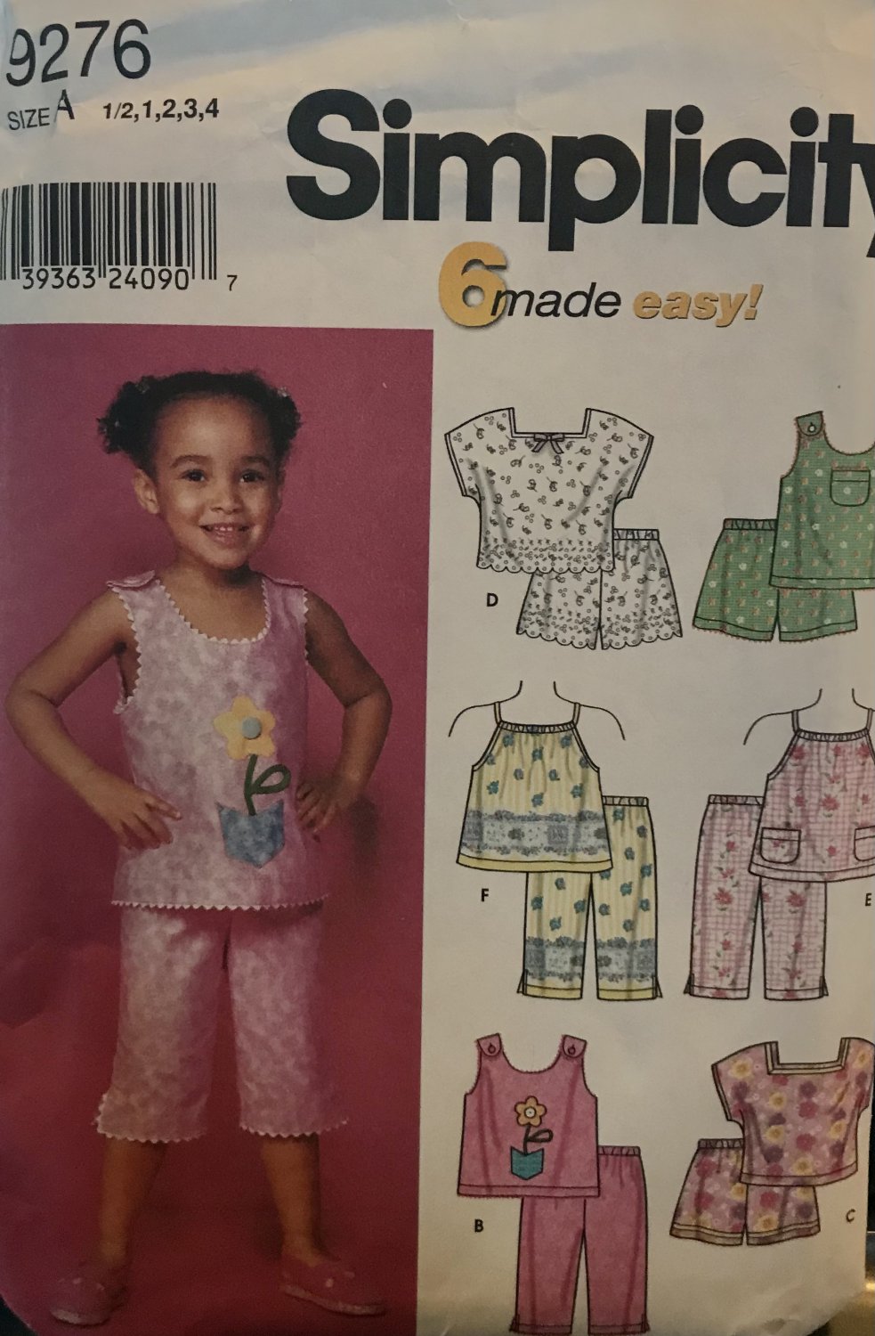 Simplicity 9276 Girls Summer Outfits  tops pants shorts Pattern sewing pattern size 1/2 to 4