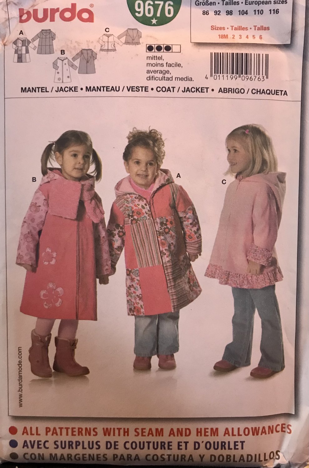Burda 9676 Childs Coat Sewing Pattern sizes 2 - 6