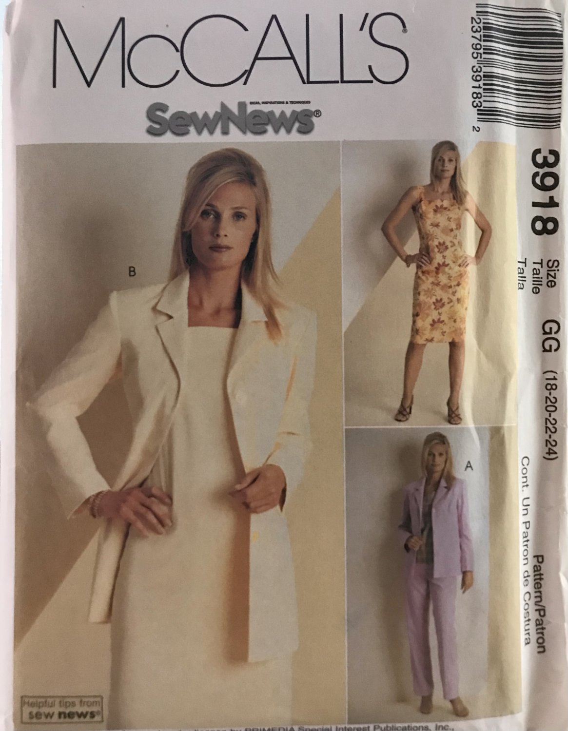 McCall's 3918 Misses Lined Jacket in two lengths, dress, top and pants Sewing Pattern size 18 - 24