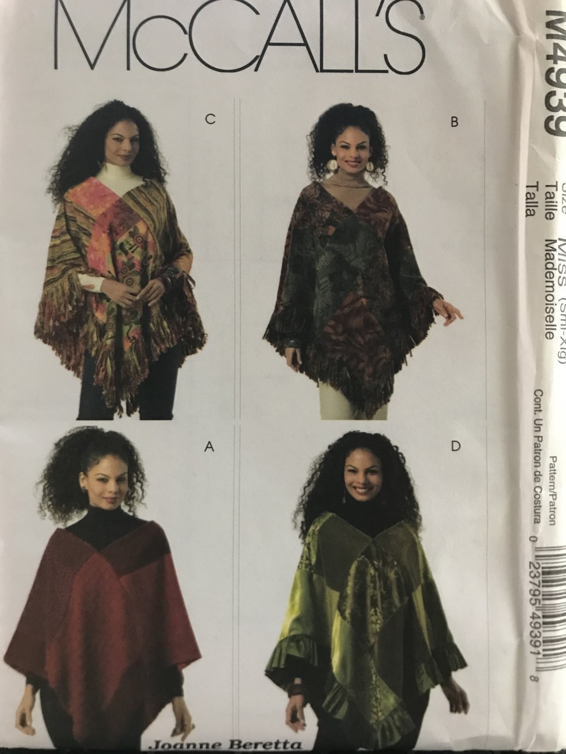 McCall's 4939 Misses' Ponchos Sewing Pattern Size Sml to Xlg
