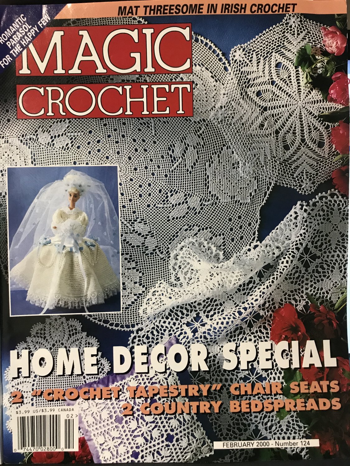 Magic Crochet Magazine 124 February 2000 Thread Crochet Doiles, Bedspread,  Doll gown & Home decor
