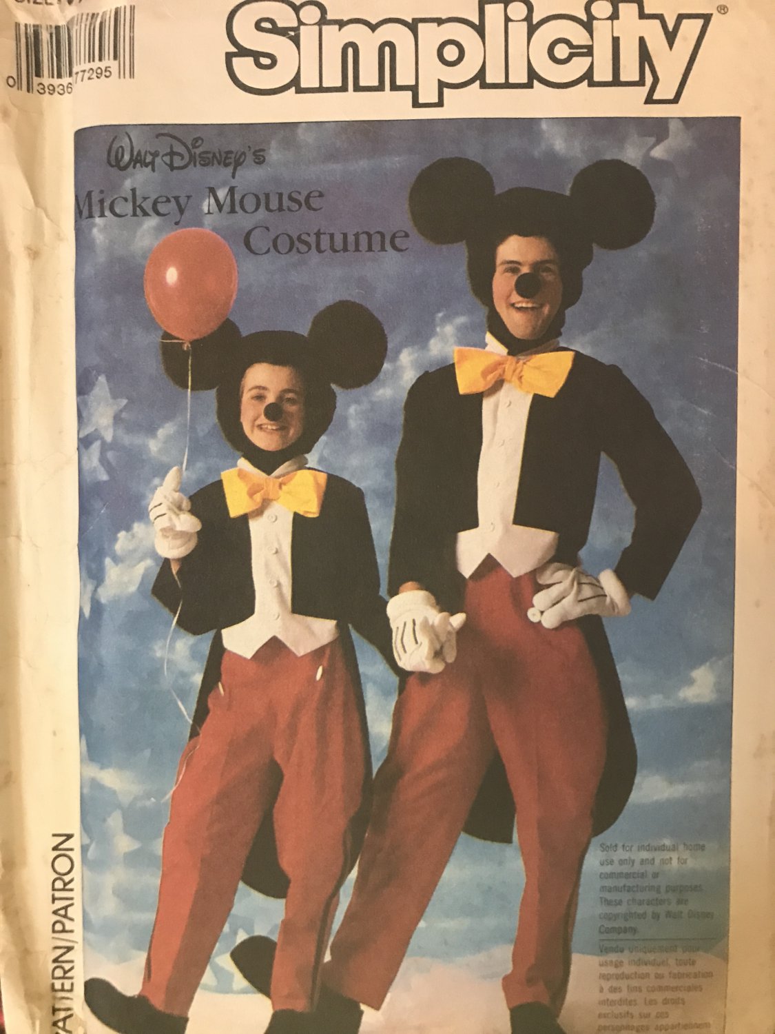 Adult Mickey Mouse Costume Sewing Pattern Simplicity 7729 Size Medium  chest 36 38 Halloween