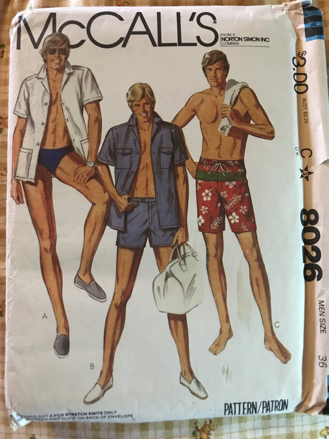 McCalls 8026 Mens Bathing Suit Speedo & Beach Shirt Sewing Pattern Chest 36