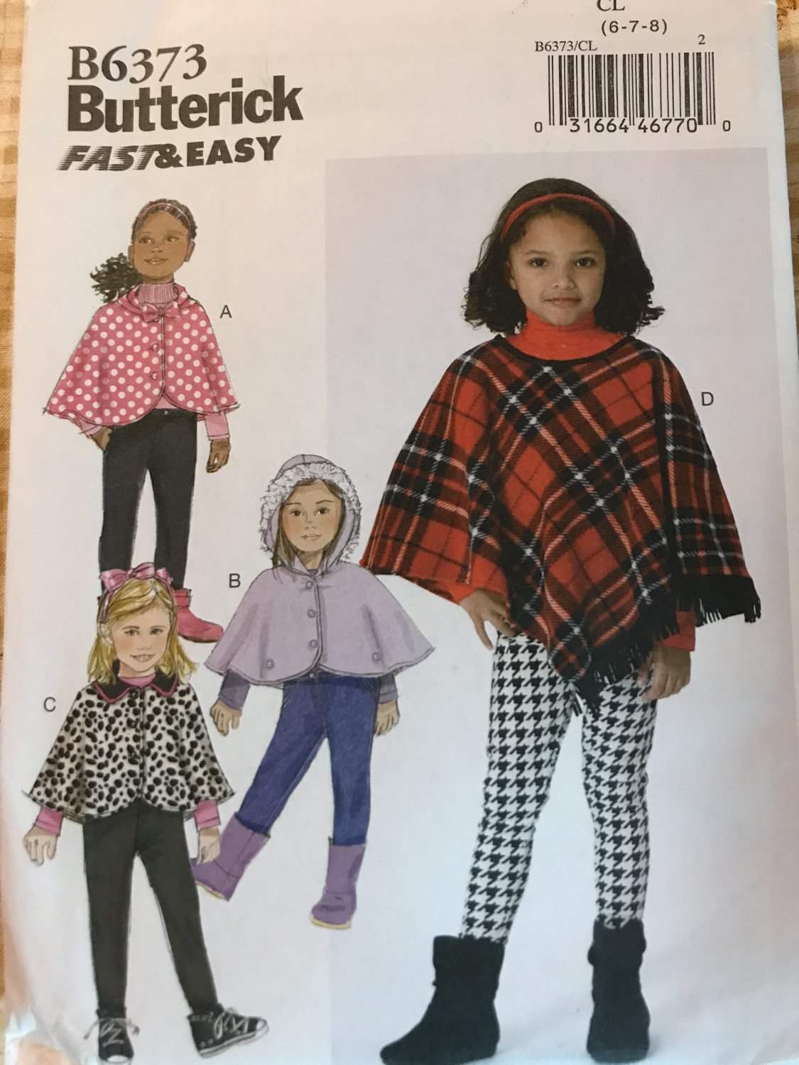 Butterick 6373 Child's Poncho with Hood size 6 7 8 Sewing Pattern