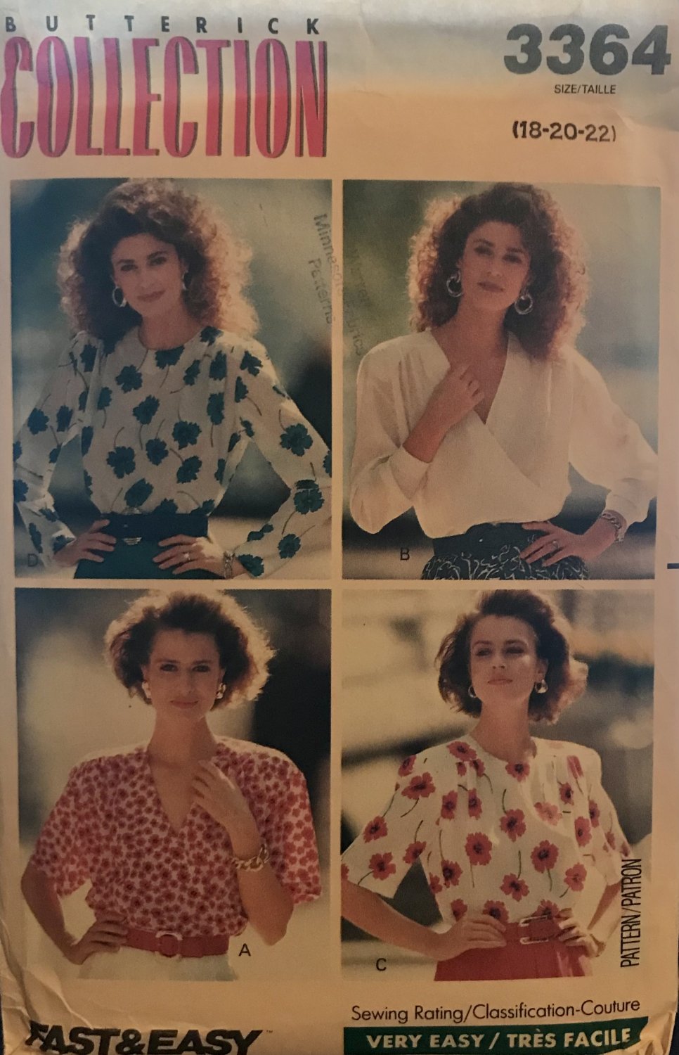Butterick Blouse Collection 3364 sewing pattern for 4 variations of blouses size 18 20 22