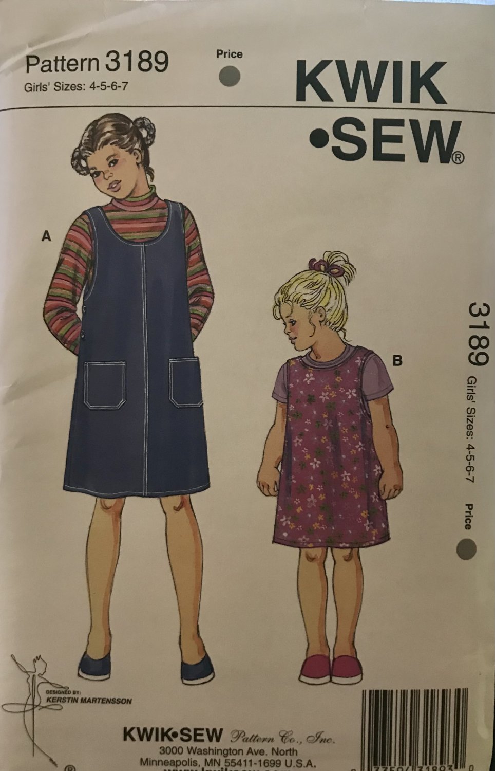Kwik Sew 3189 Girls'  jumper and tops size 4 5 6 7 Sewing Pattern