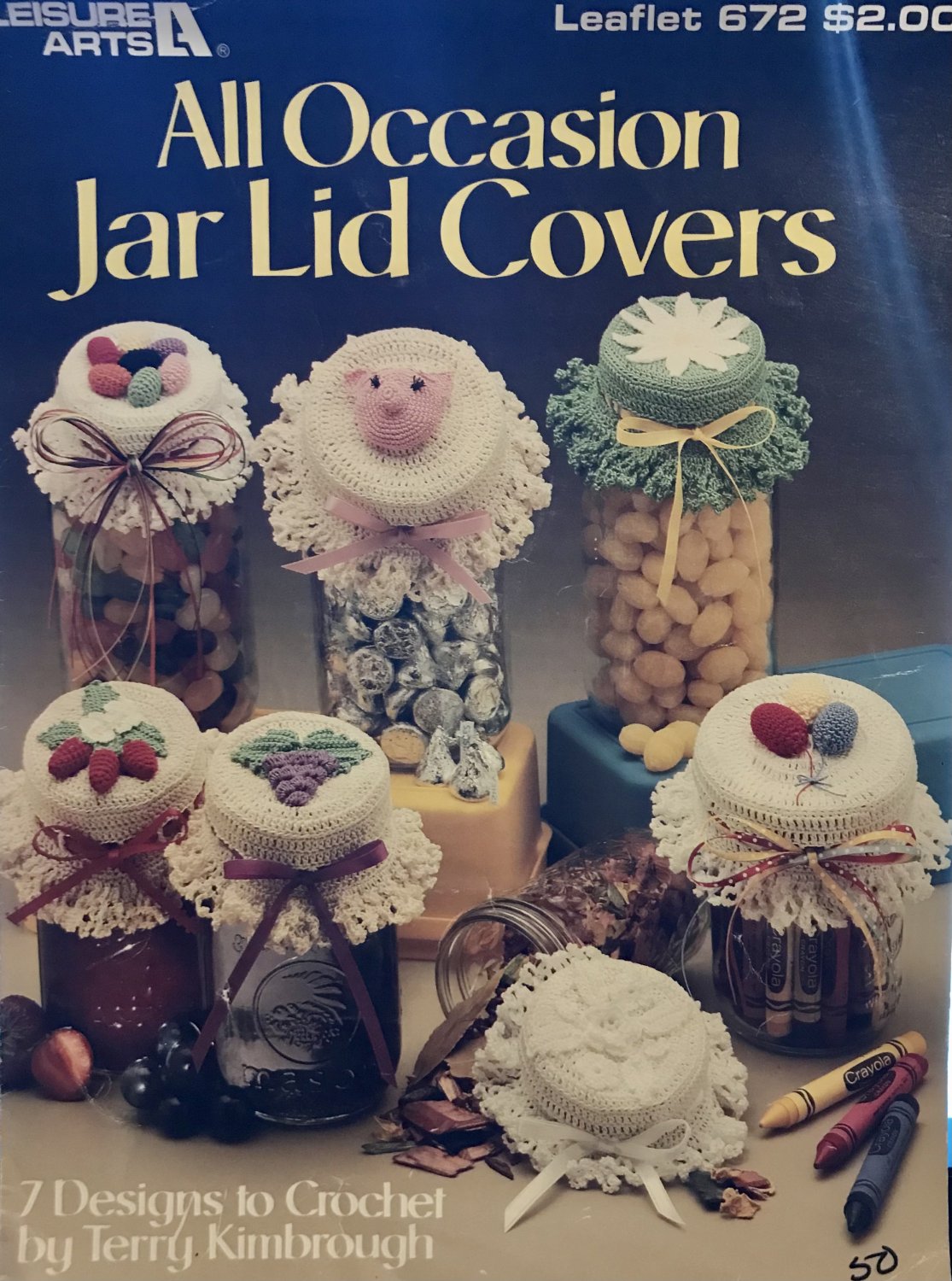 All Occasion Jar Lid Covers Leisure Arts 672 6 designs using cotton thread crochet pattern