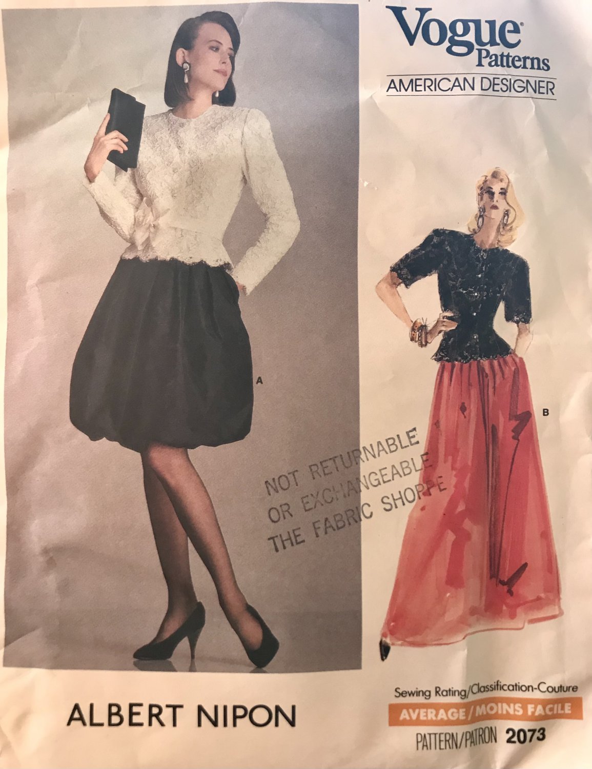 Vogue 2073 Evening Gown Cocktail Dress Bubble Skirt Albert Nipon sewing pattern Size 10