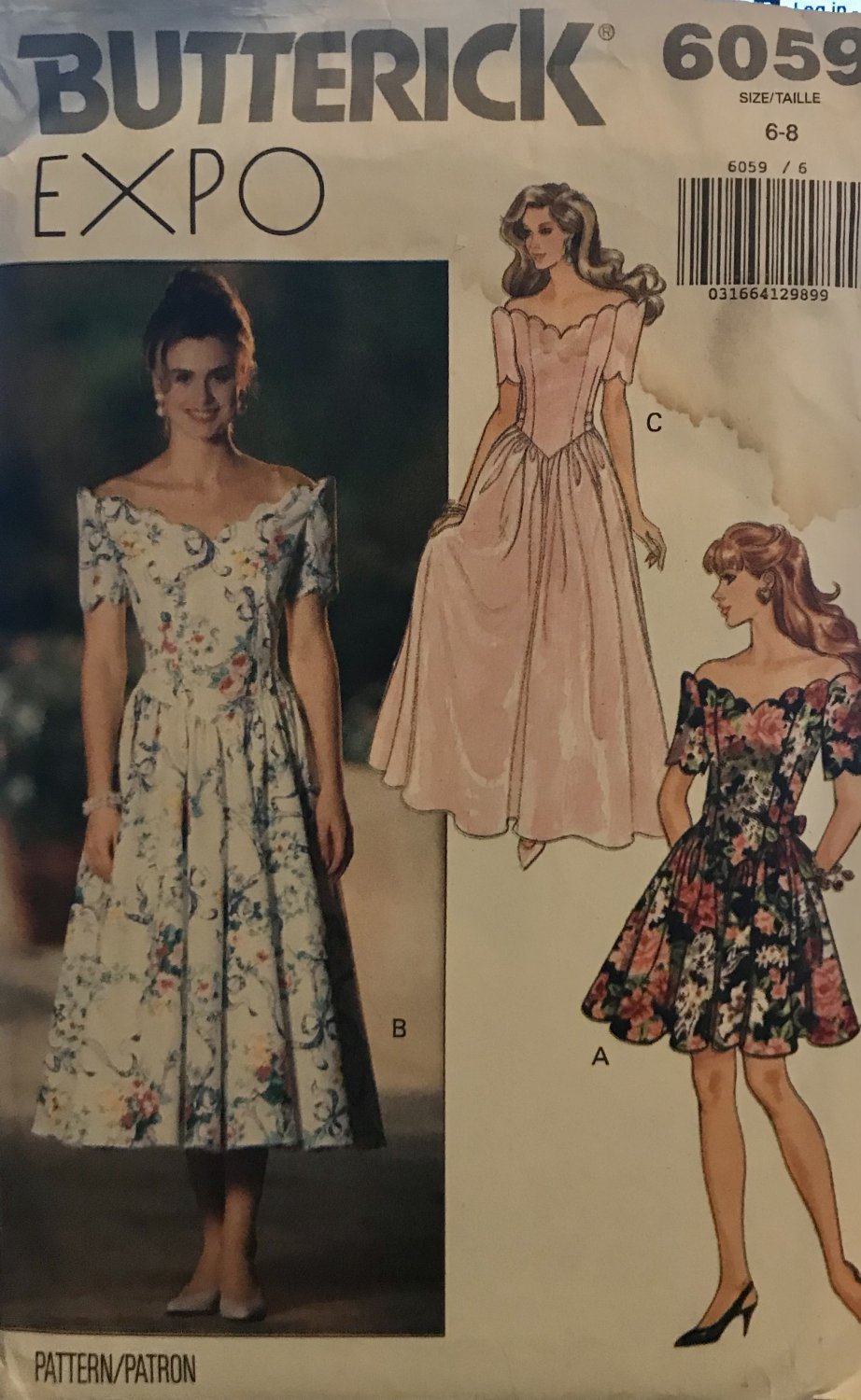 Butterick 6059 Misses' Off The Shoulder Cocktail  Prom Evening Gown Sewing Pattern Size 6 - 8