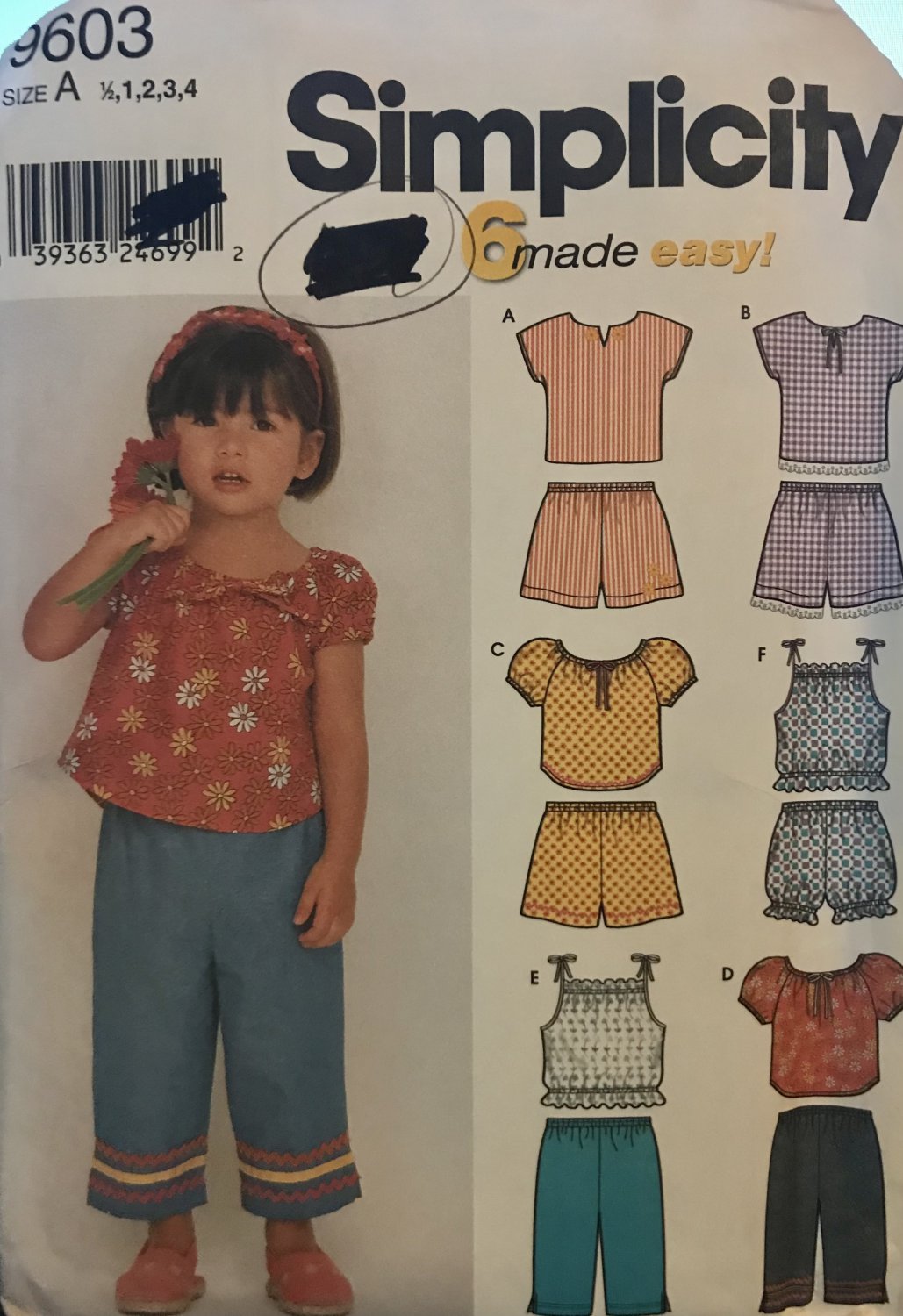Simplicity 9603 Toddlers' Top, shorts, pants Sewing Pattern size 1/2 to 4