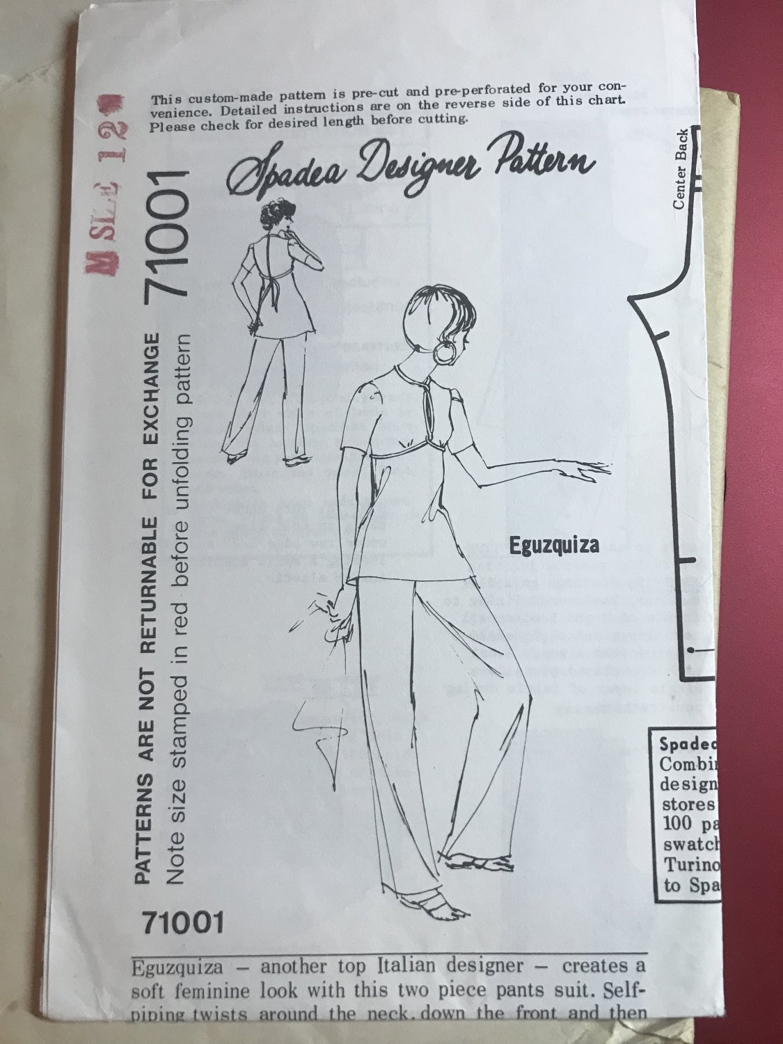 Spadea 71001 Misses Designer Pants Suit Eguzquiza Sewing Pattern Sz 12 Vintage 1970's