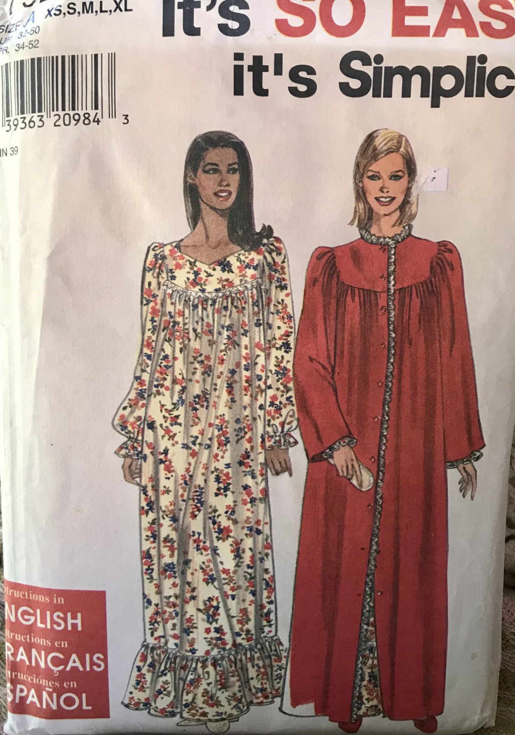 Simplicity 7928 Classic Robes Nightgowns Size XS S M L XL UNCUT Sewing Pattern
