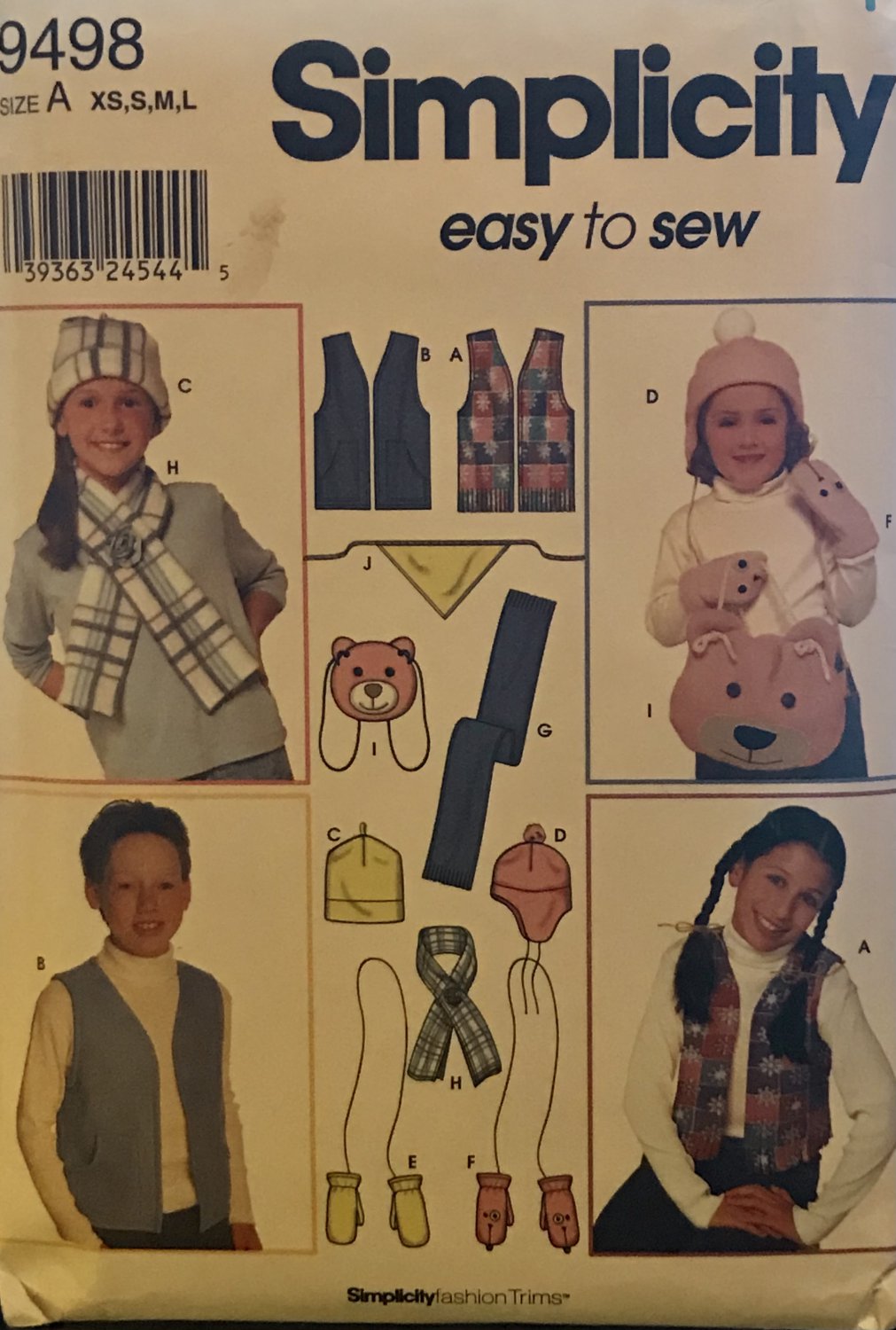 Simplicity 9498 Winter vest, hat, scarf, mittens, backpack Sewing Pattern for Boys Girls sizes 3-16,