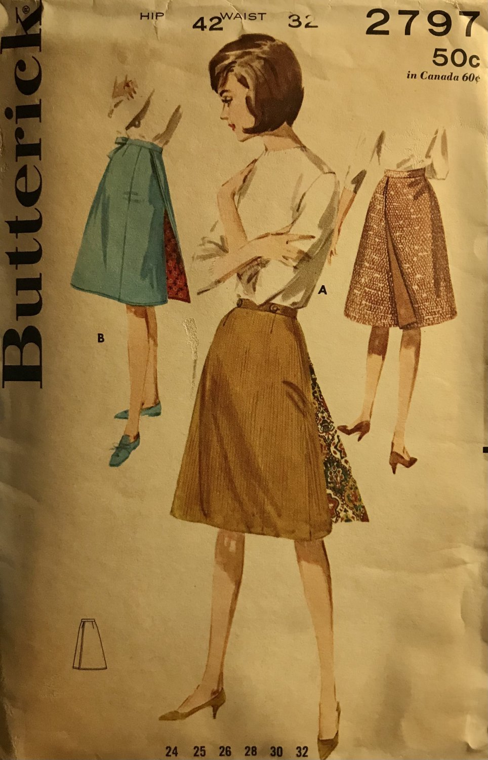 Butterick 2797 Vintage 1960's Back Wrap Skirt Plus Size waist 32" hip 42"