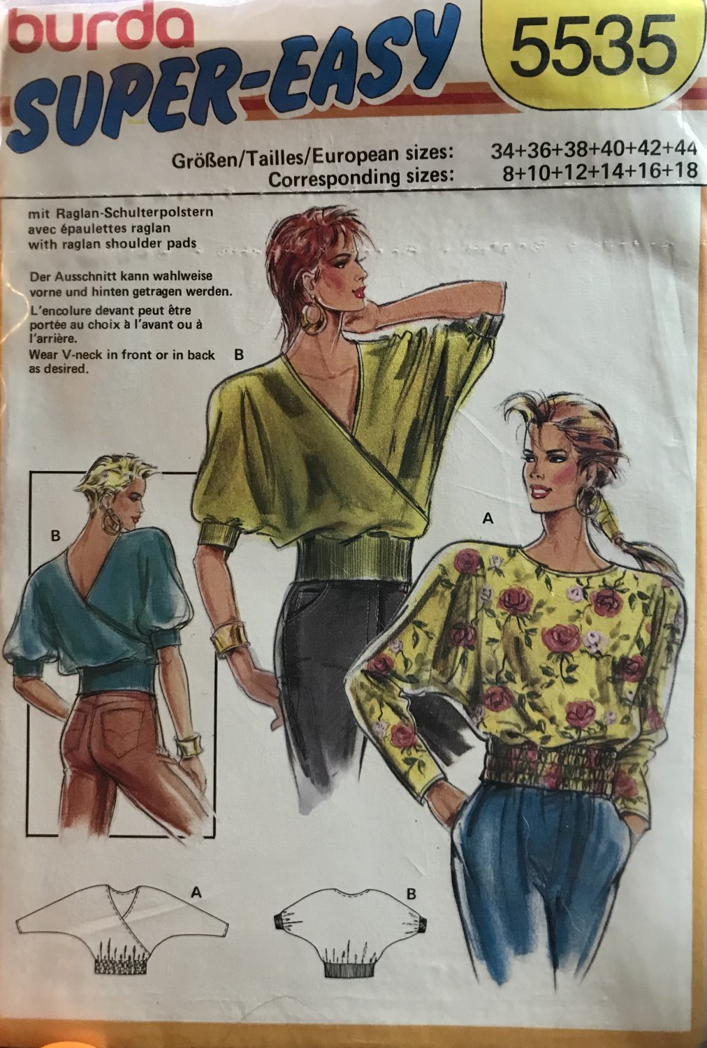 Burda 5535 Misses Dolman Sleeve Blouse Sewing Pattern Sizes 8 to 18