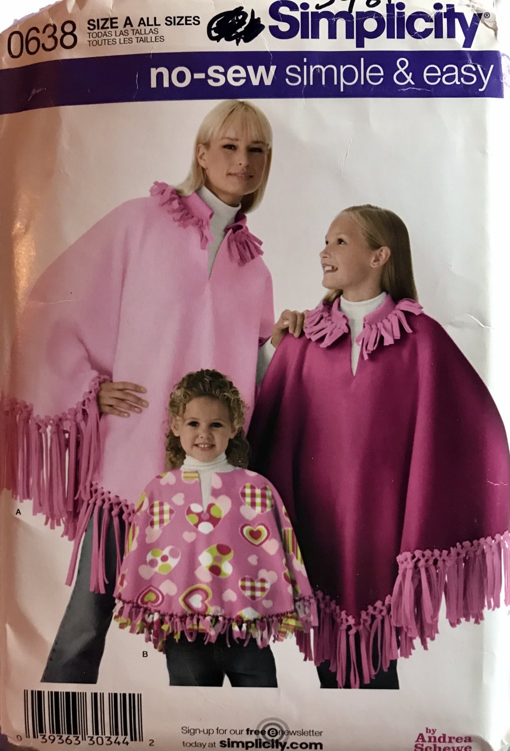 Simplicity 3981 No-Sew Fleece Poncho Pattern Size Child 2-4, Girls 8-12, Women 10-16 UNCUT