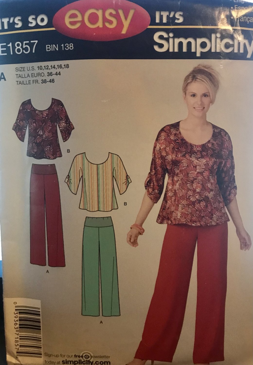 Simplicity 1857 Misses' Top and Pants It's So Easy Sewing Pattern Size 10 -18