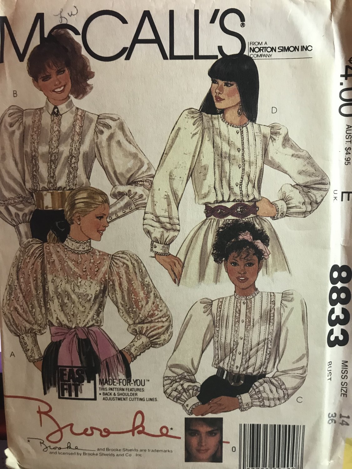 McCall's 8833 Victorian Inspired Blouse High Lace Band Neckline Sewing Pattern Brooke Shields SZ 14