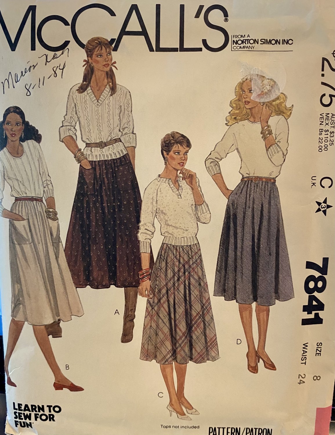 McCall's 7841 Gathered & Bias Cut Skirts w Patch or Side Pockets Sz 8 Waist 24