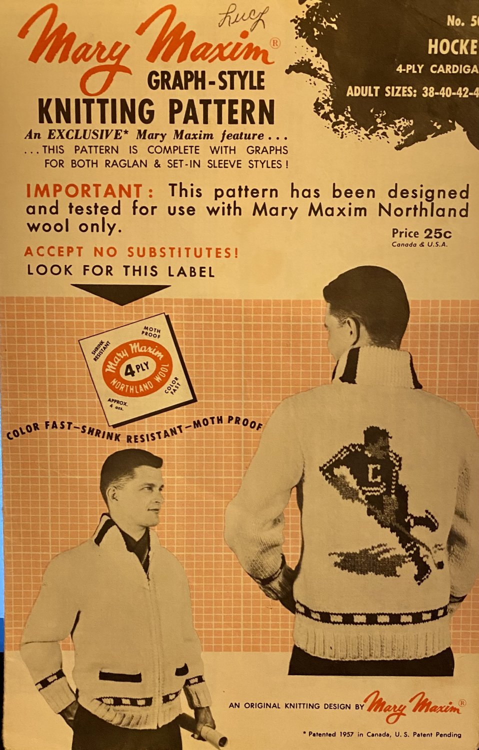 Mary Maxim Knitting Pattern Hockey 4-ply Cardigan Adult Sizes 38 - 44 ORIGINAL 60's  PAPER PATTERN