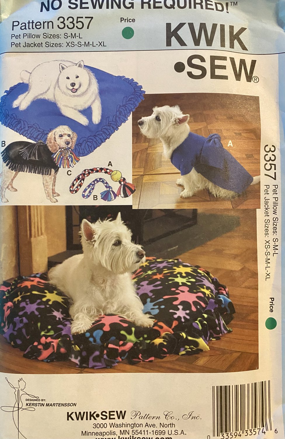 Kwik Sew 3357 Pet Pillows, Jackets and Dog Toys Sewing pattern
