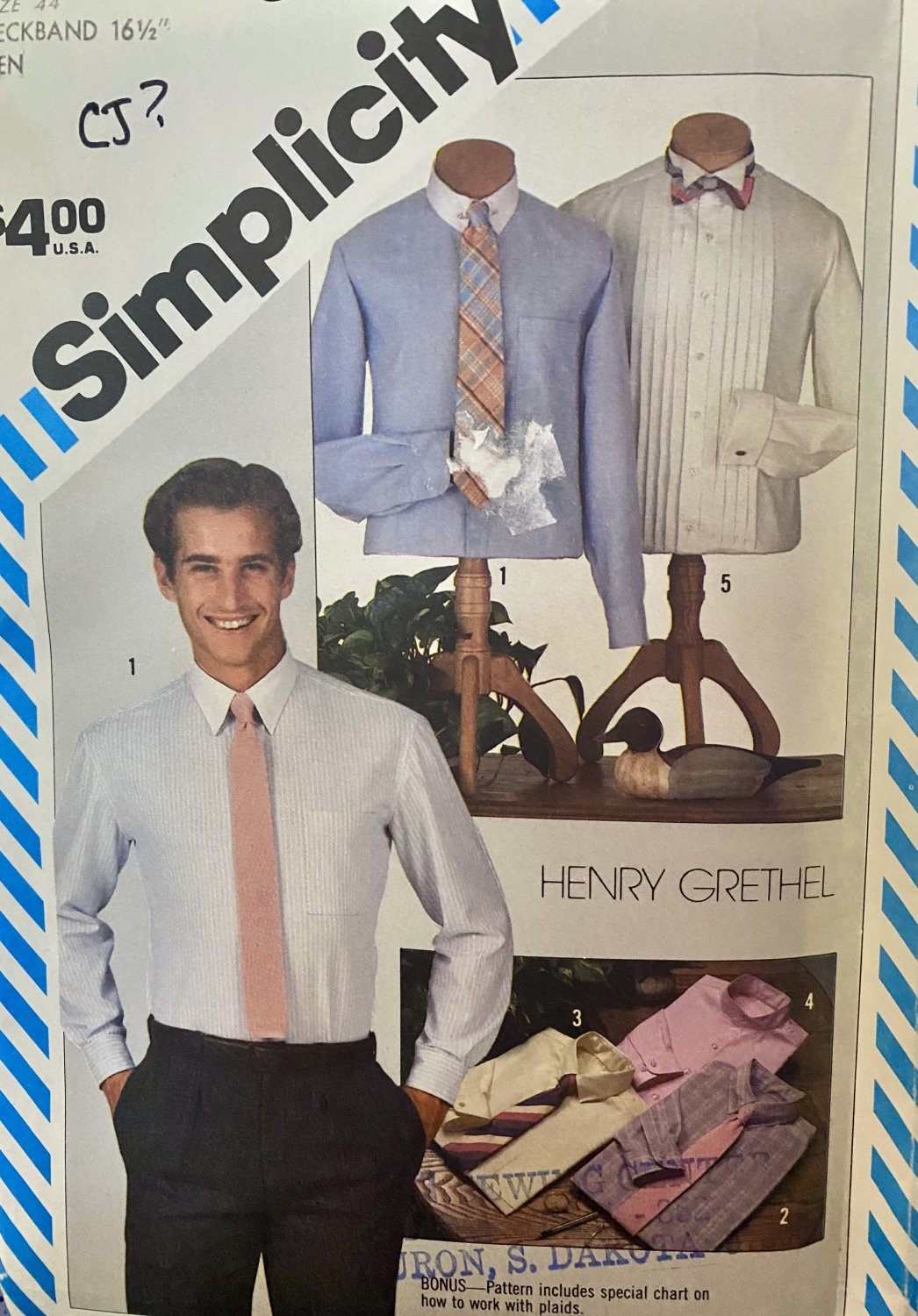 Simplicity 6138 Henry Grethel Men's Shirt with Collar Variations Sewing Pattern Size 44, Neck 16 1/2