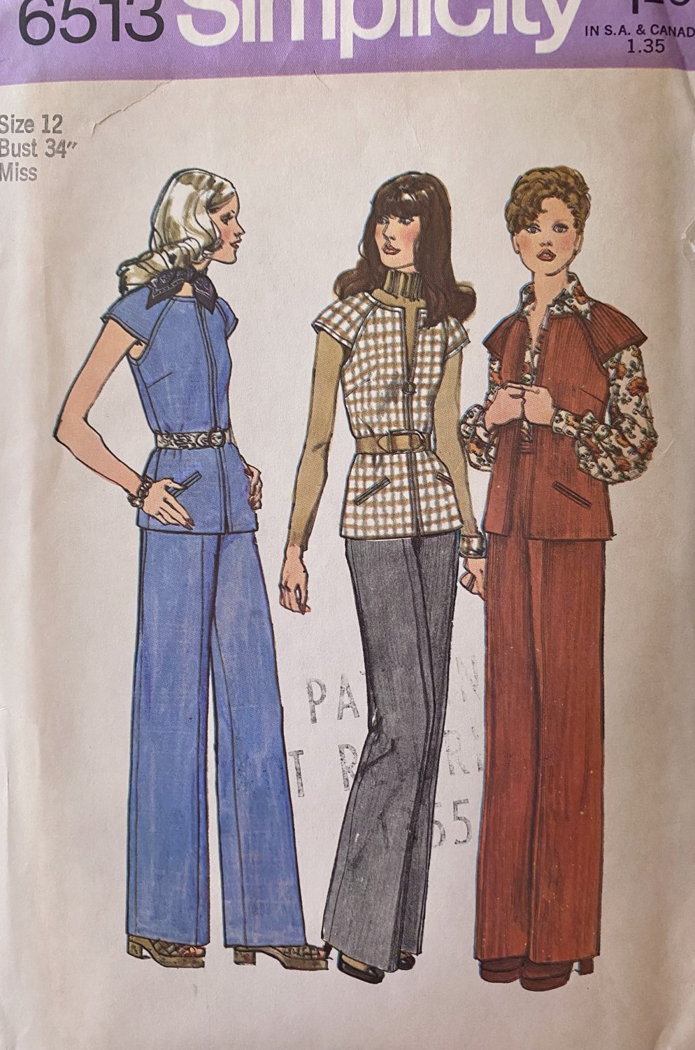Simplicity 6513 Misses' Unlined Vest and Pants Size 12, from the 70's