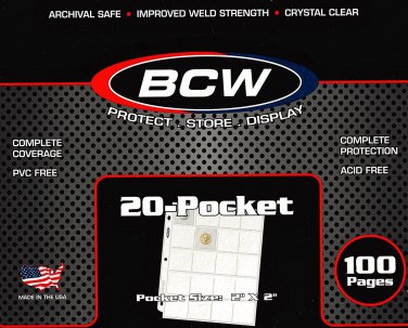 20 BCW PRO 20-POCKET PAGES FOR 2x2 CARDBOARD FLIPS SLIDES POGS COINS COUPON